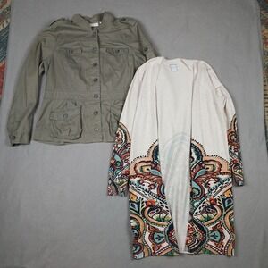 Lot of 2 CHICO'S Size 0 Flyaway Cardigan Pattern Size 2 Military Jacket Green